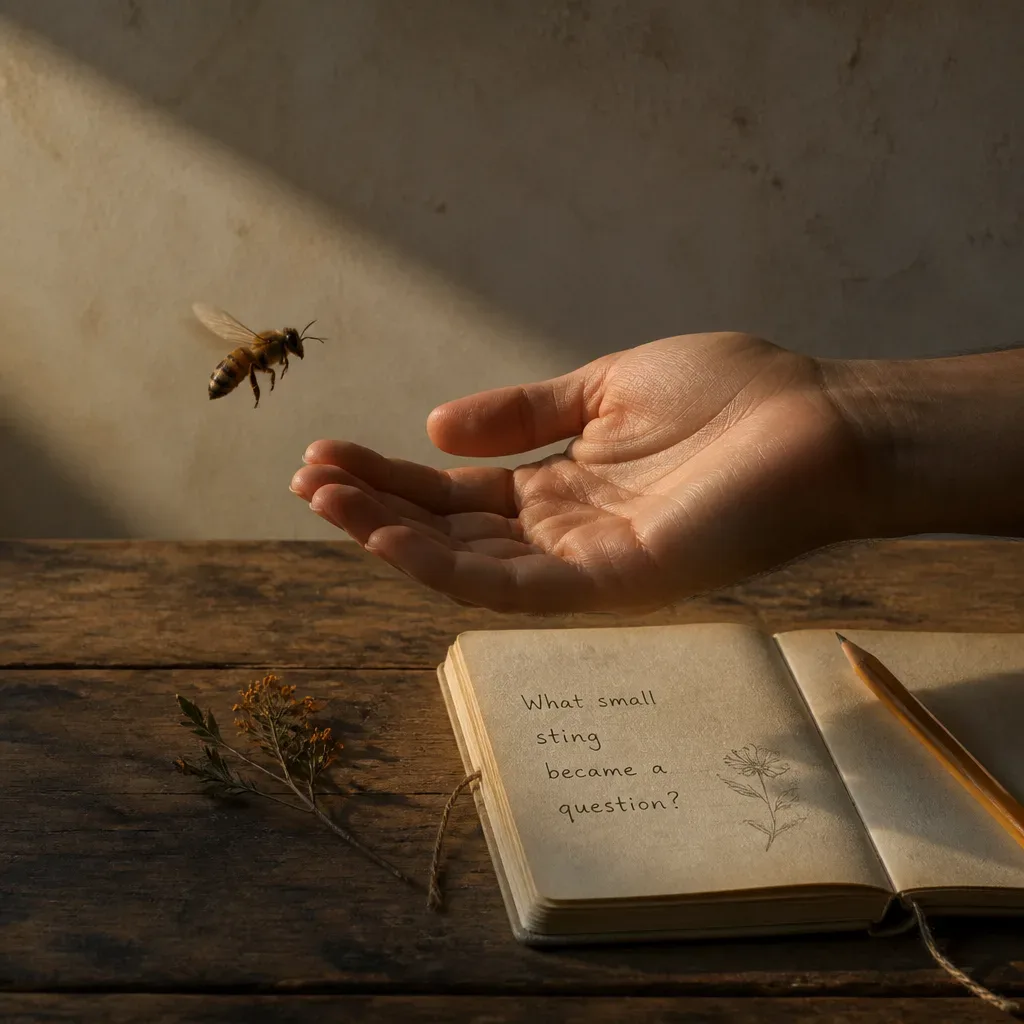 Abeja cerca de una mano y un cuaderno