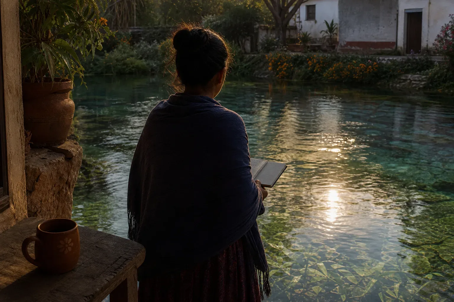 Persona mirando agua limpia al amanecer