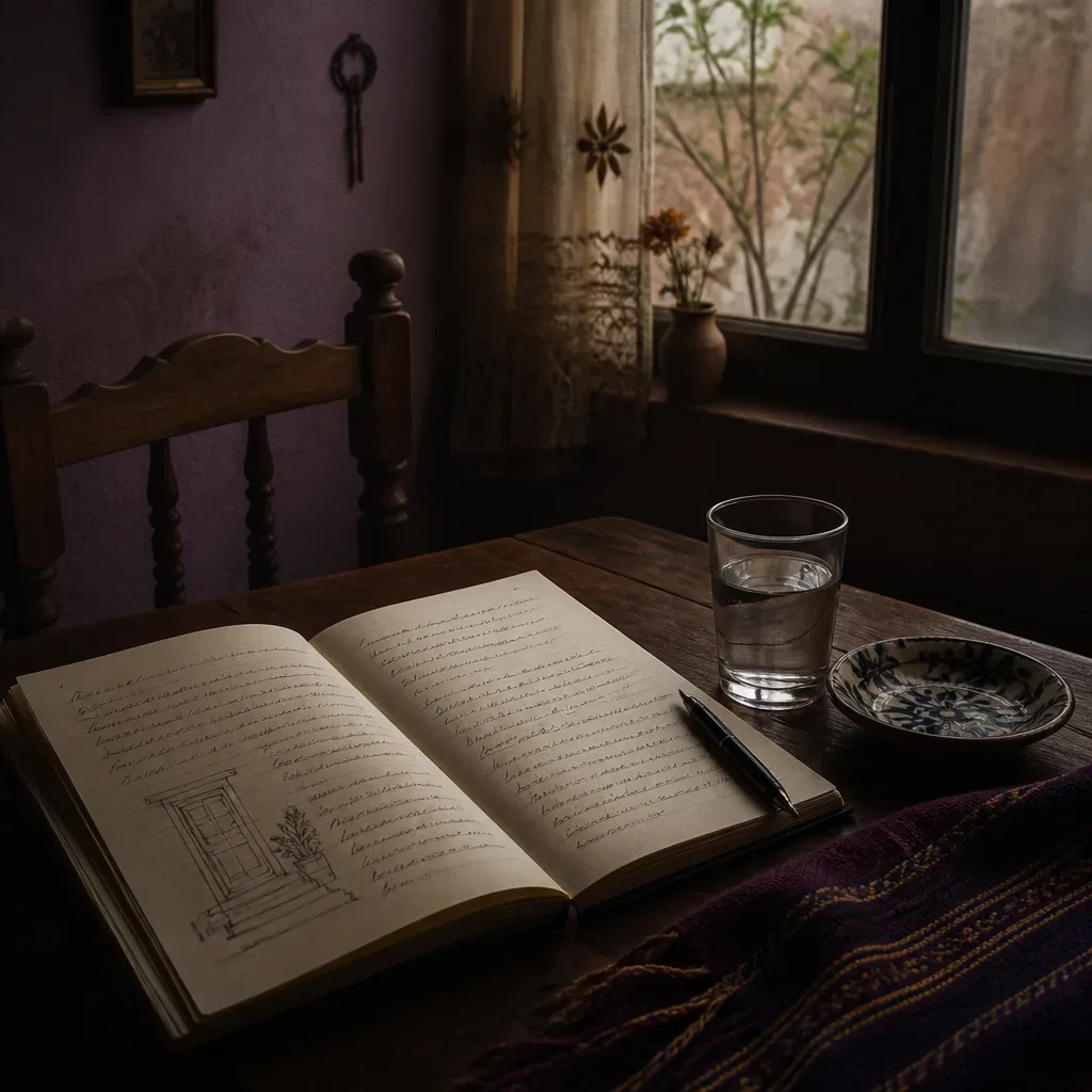 Cuaderno de sueños junto a un vaso de agua