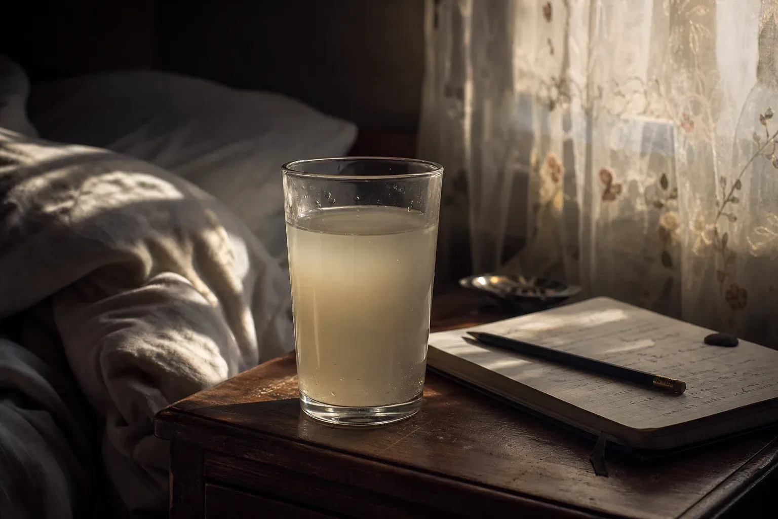 Vaso con agua turbia junto a una cama
