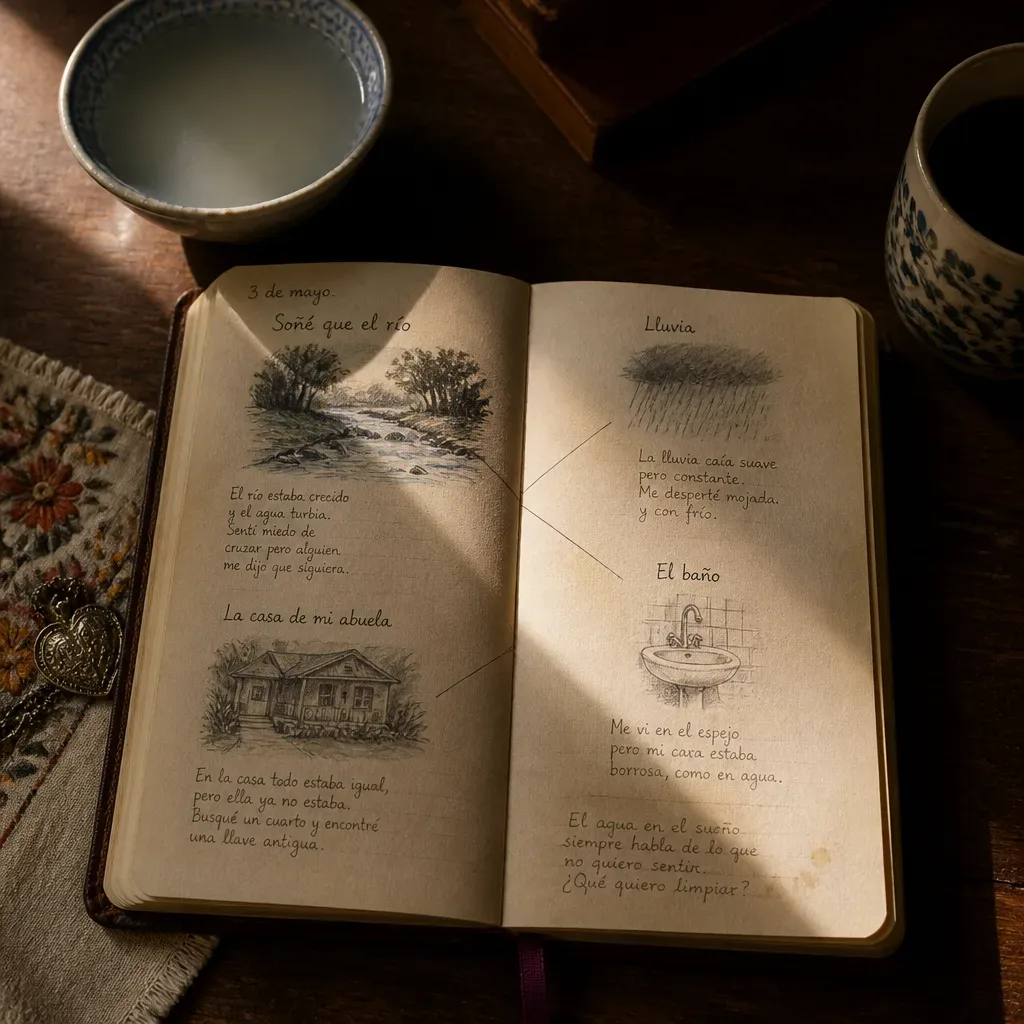 Libreta con símbolos de agua y casa