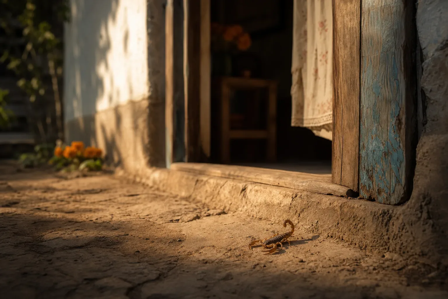 Alacrán sobre tierra seca bajo luz de amanecer