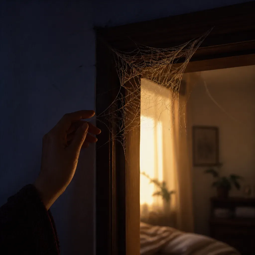 Telaraña en una puerta iluminada por la mañana