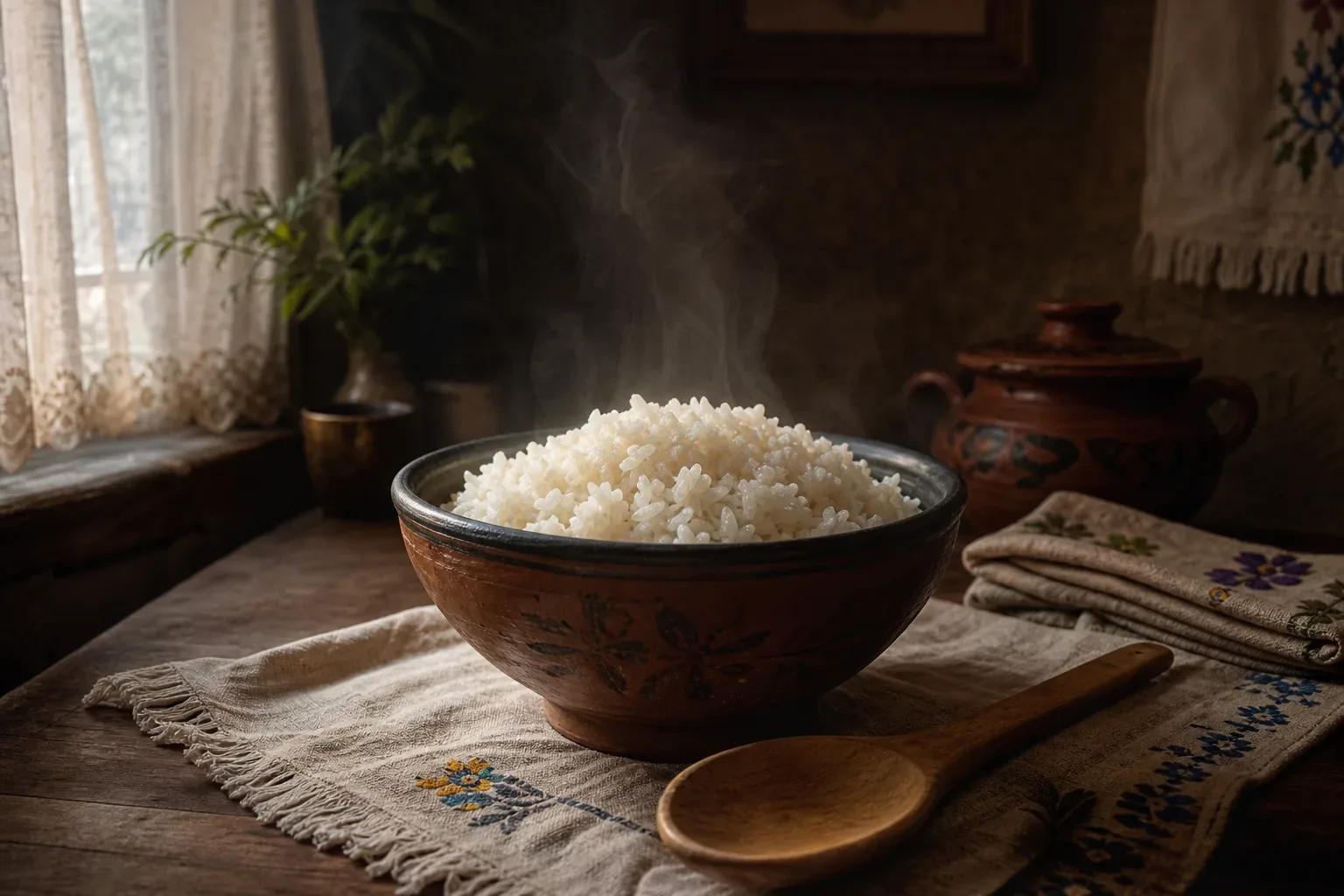Cuenco de arroz sobre una mesa al amanecer