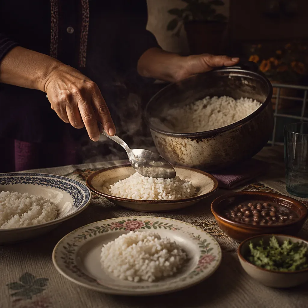 Manos sirviendo arroz en platos familiares