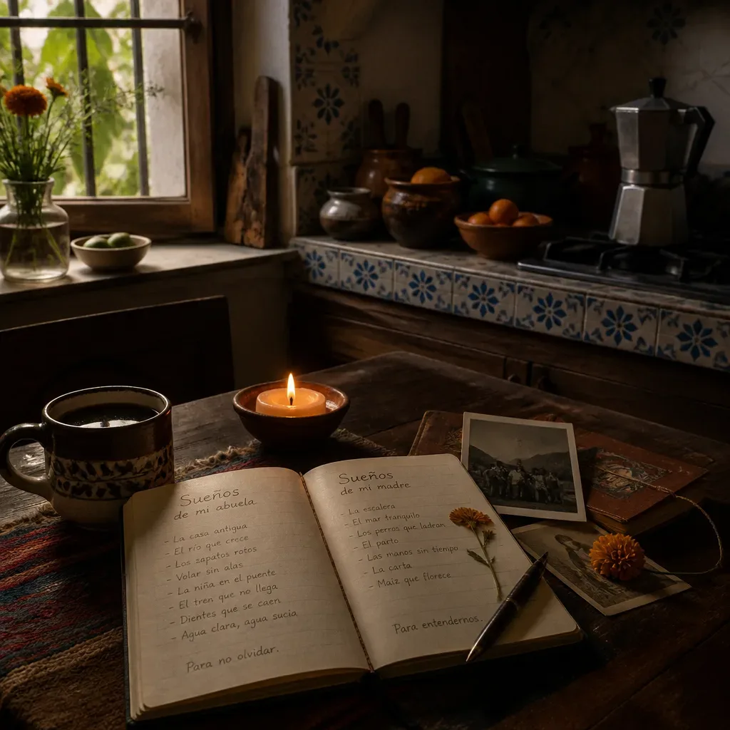 Cocina familiar con vela y cuaderno de sueños