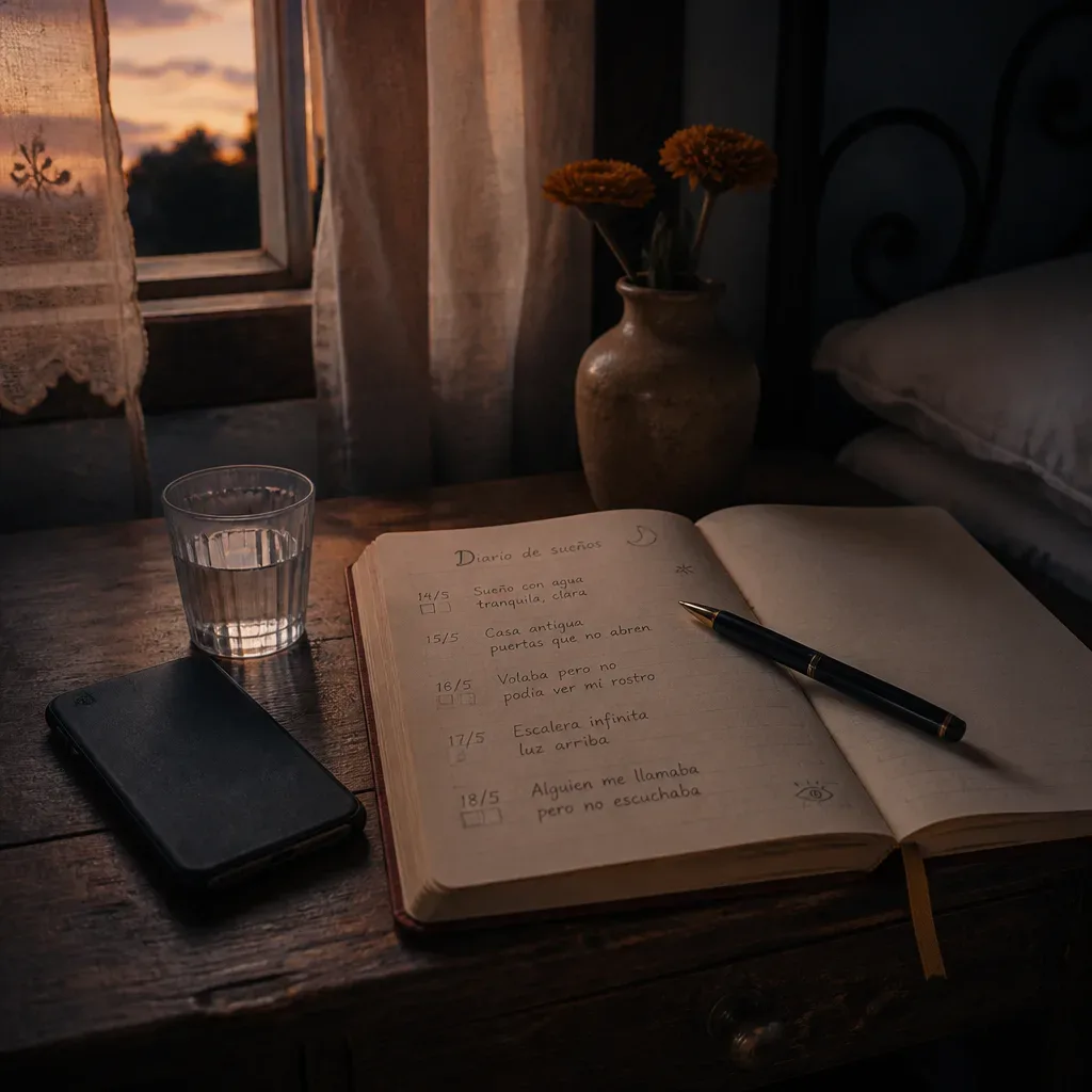 Cuaderno de sueños junto a la cama al amanecer