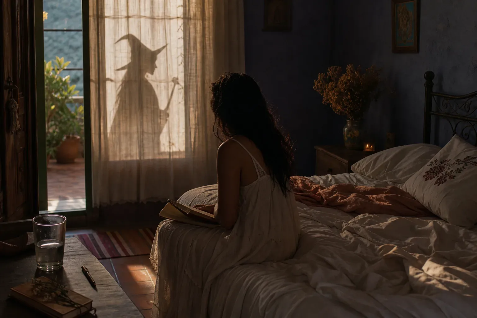 Mujer despierta junto a una ventana al amanecer