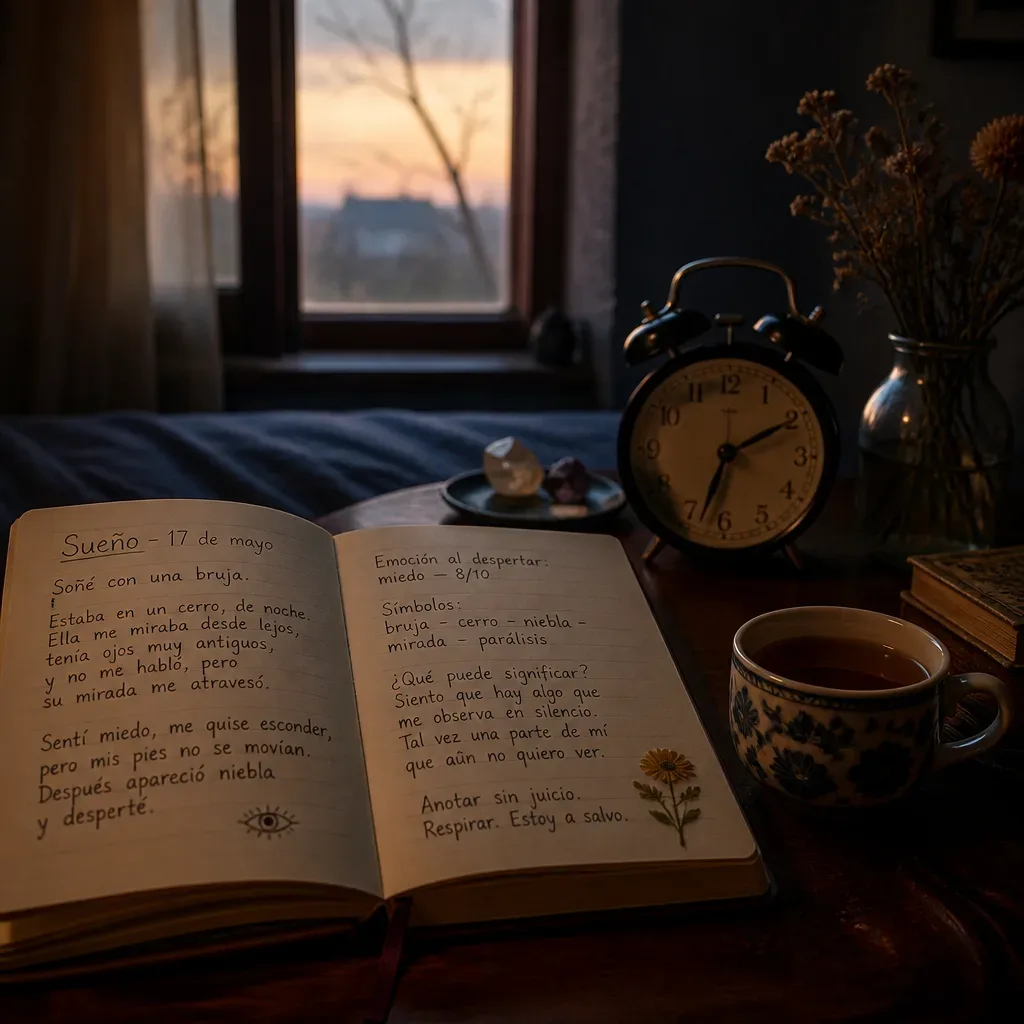 Cuaderno de sueños abierto junto a la cama
