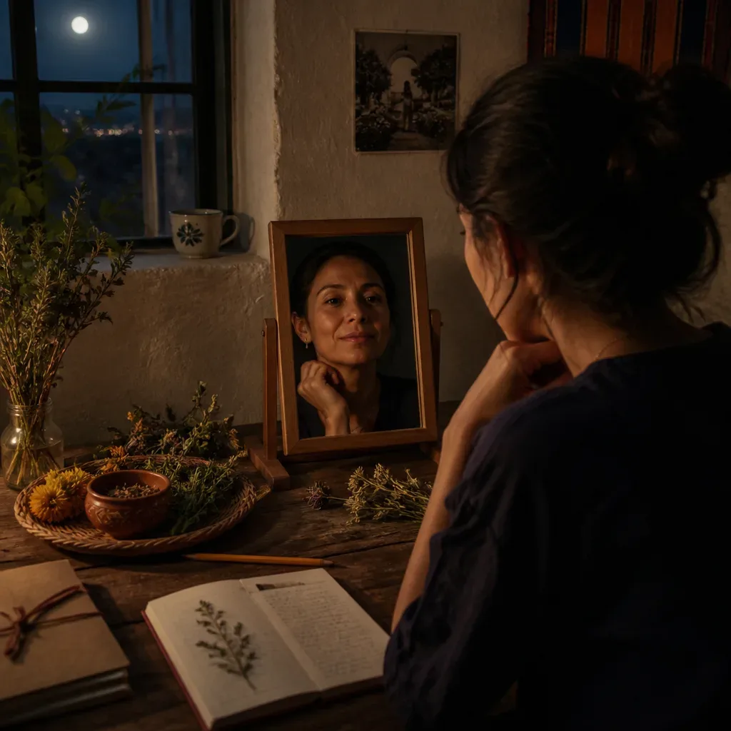 Mujer mirando su reflejo junto a un cuaderno