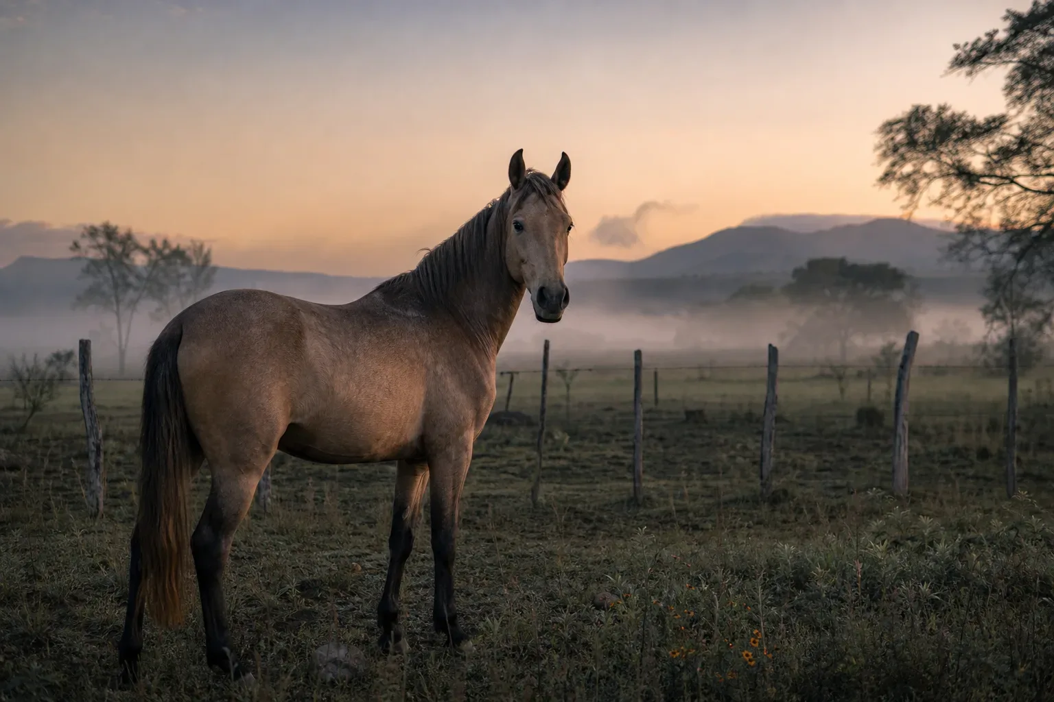 Caballo sereno al amanecer en campo latinoamericano