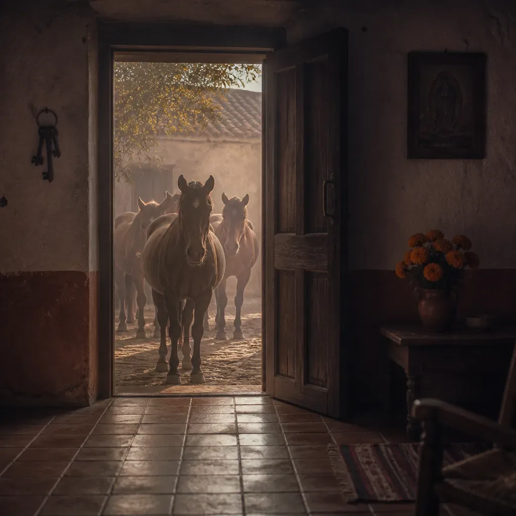 Caballos frente a una casa antigua