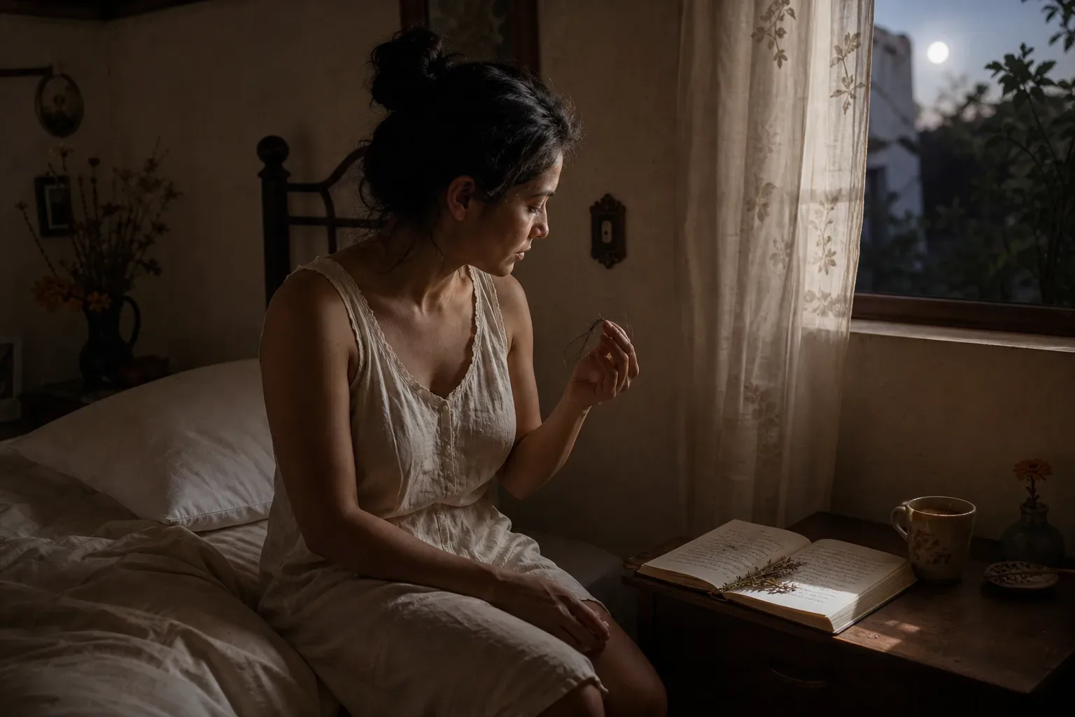 Mujer mirando cabello caído al amanecer