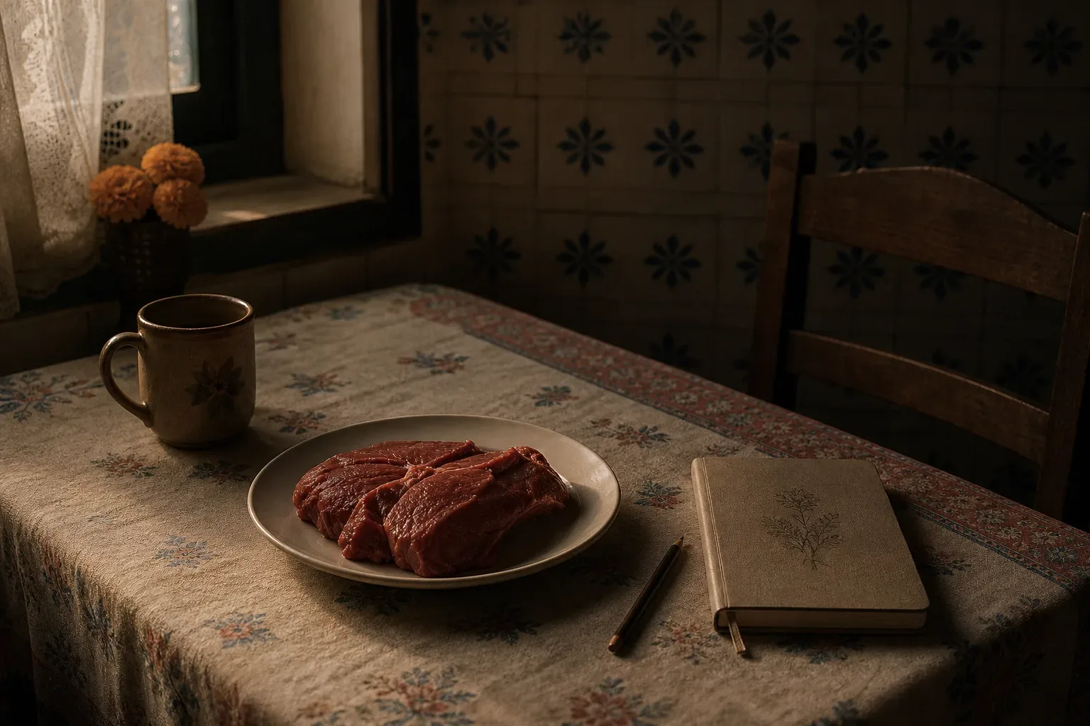 Plato con carne cruda sobre mesa de cocina