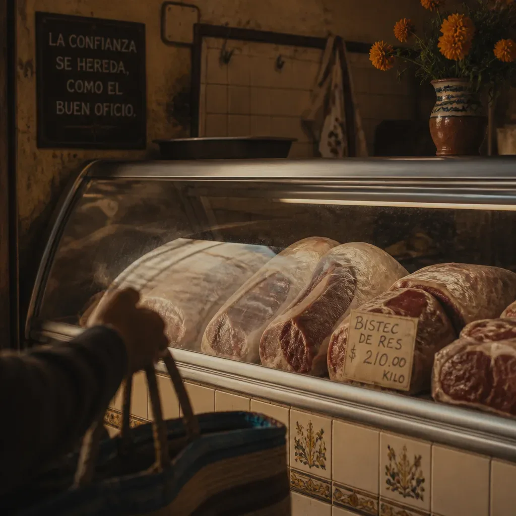 Mostrador de carnicería con carne envuelta