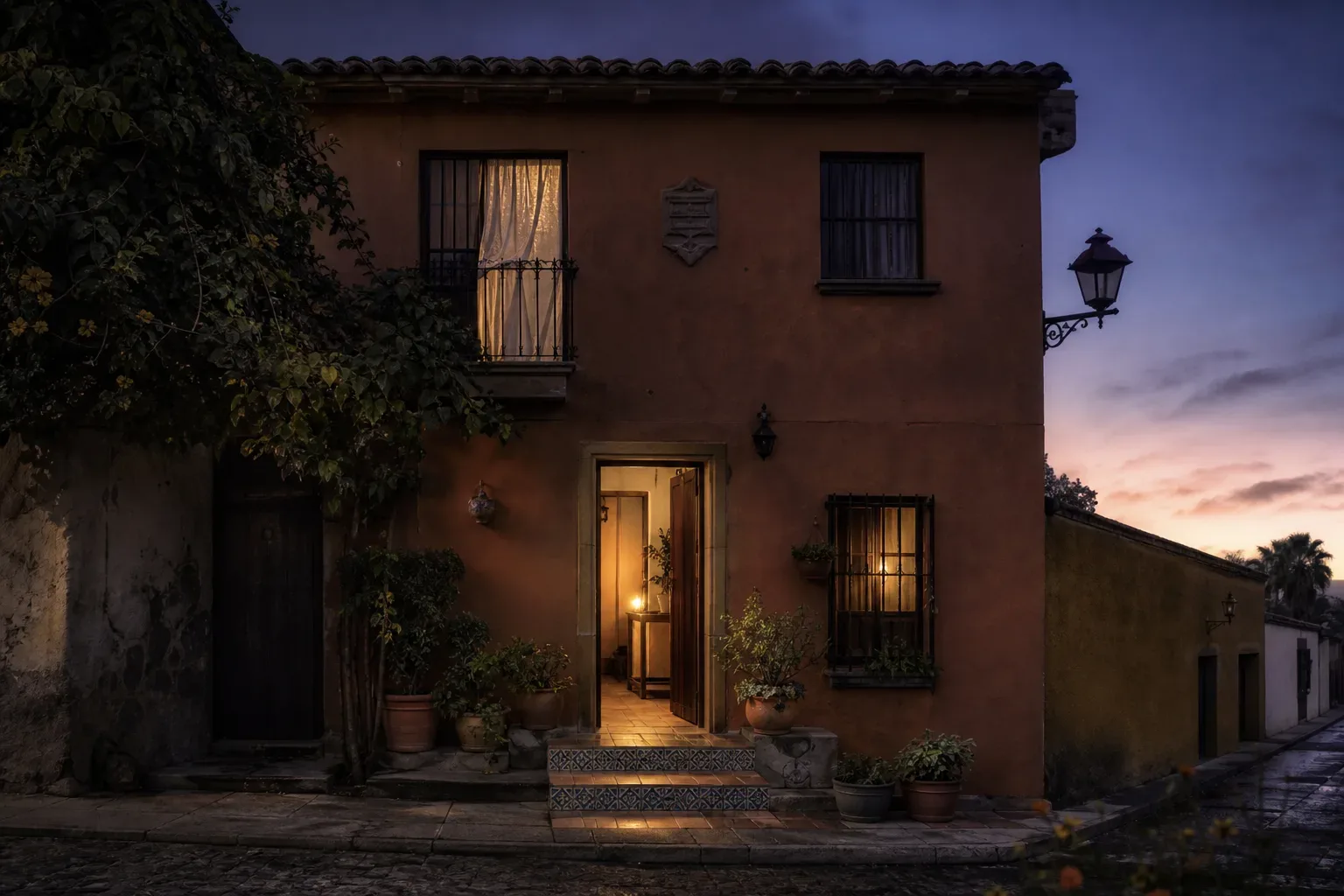 Casa desconocida al amanecer con una puerta abierta