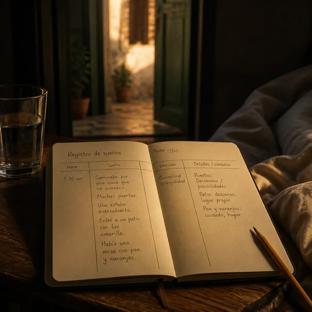 Cuaderno de sueños abierto junto a la cama