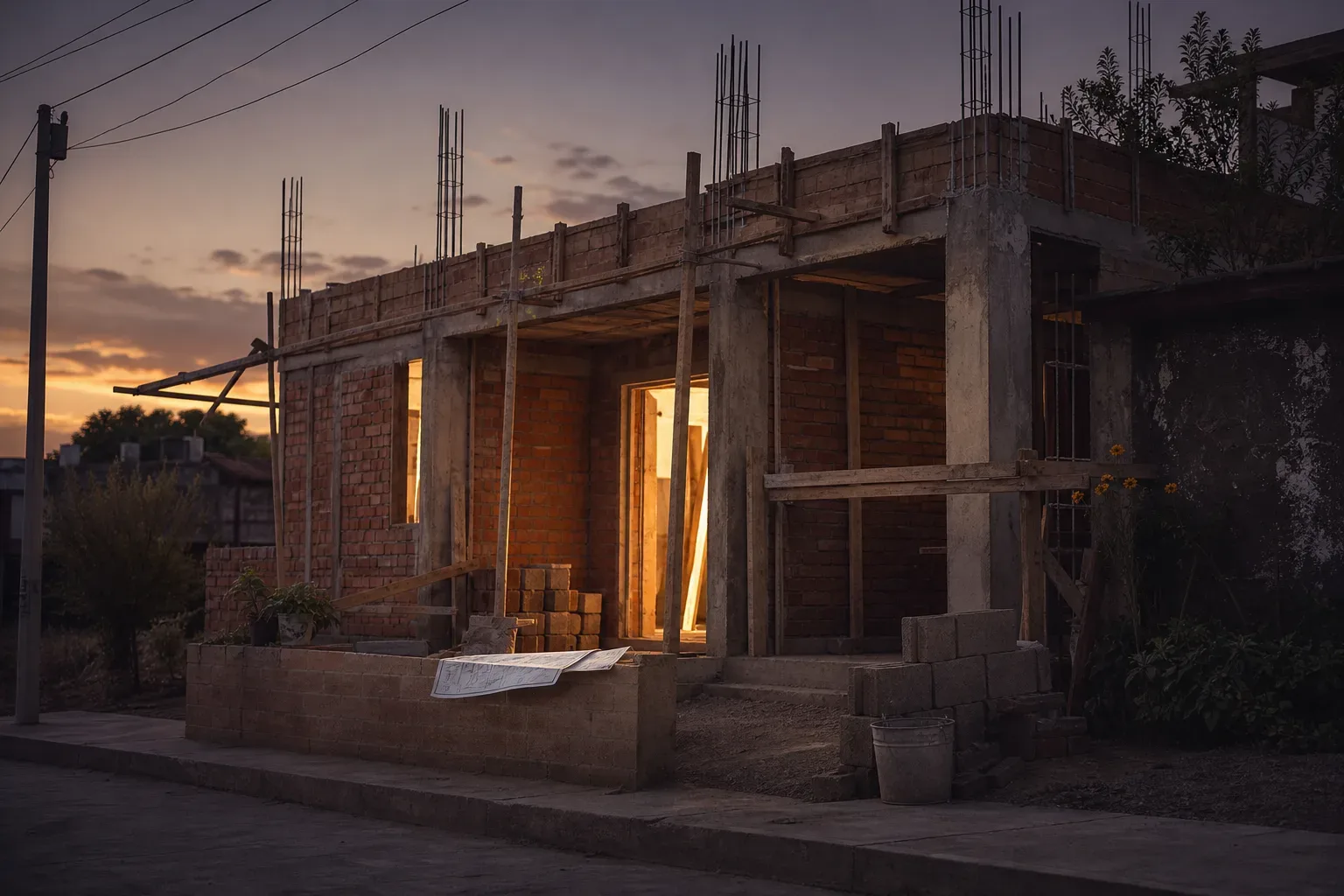 Casa en obra al amanecer con luz suave