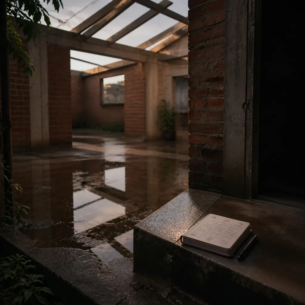 Casa inconclusa después de la lluvia con cuaderno