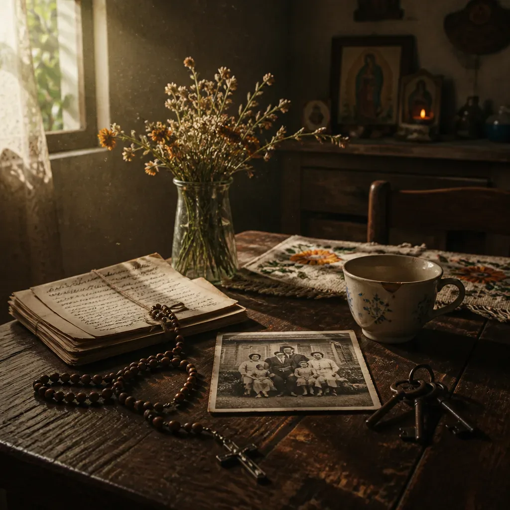 Objetos familiares sobre una mesa antigua