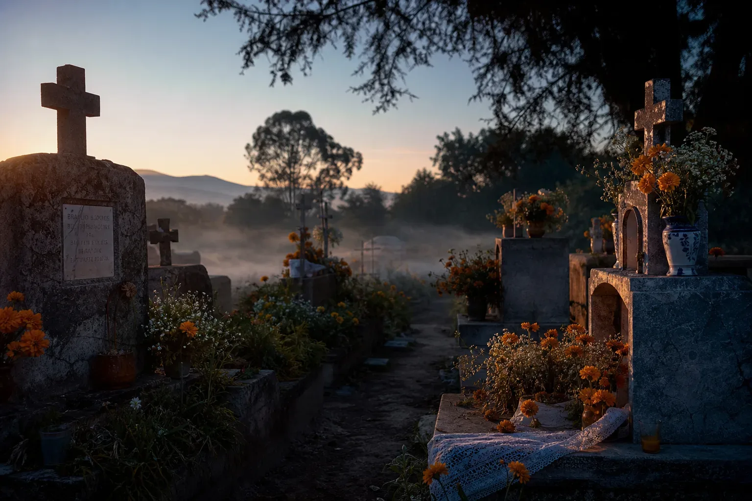 Cementerio sereno al amanecer con flores frescas