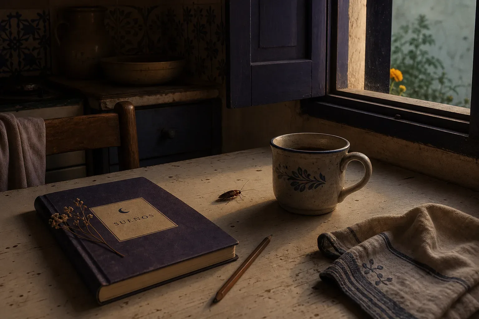 Cucaracha junto a una taza al amanecer