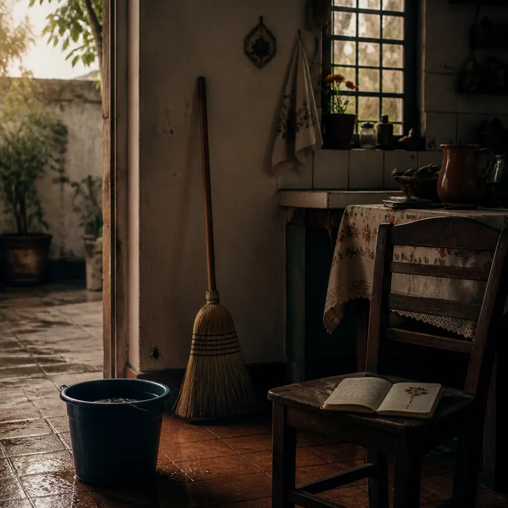 Cocina tranquila con escoba y cuaderno