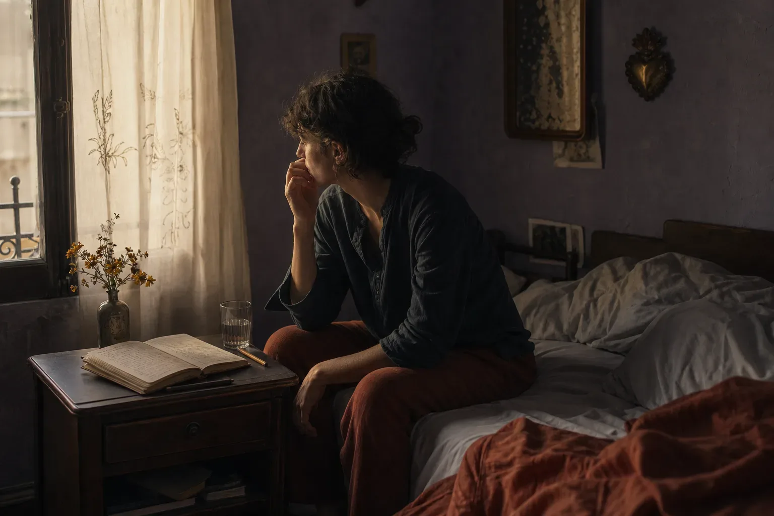 Persona al despertar tocándose los dientes con calma