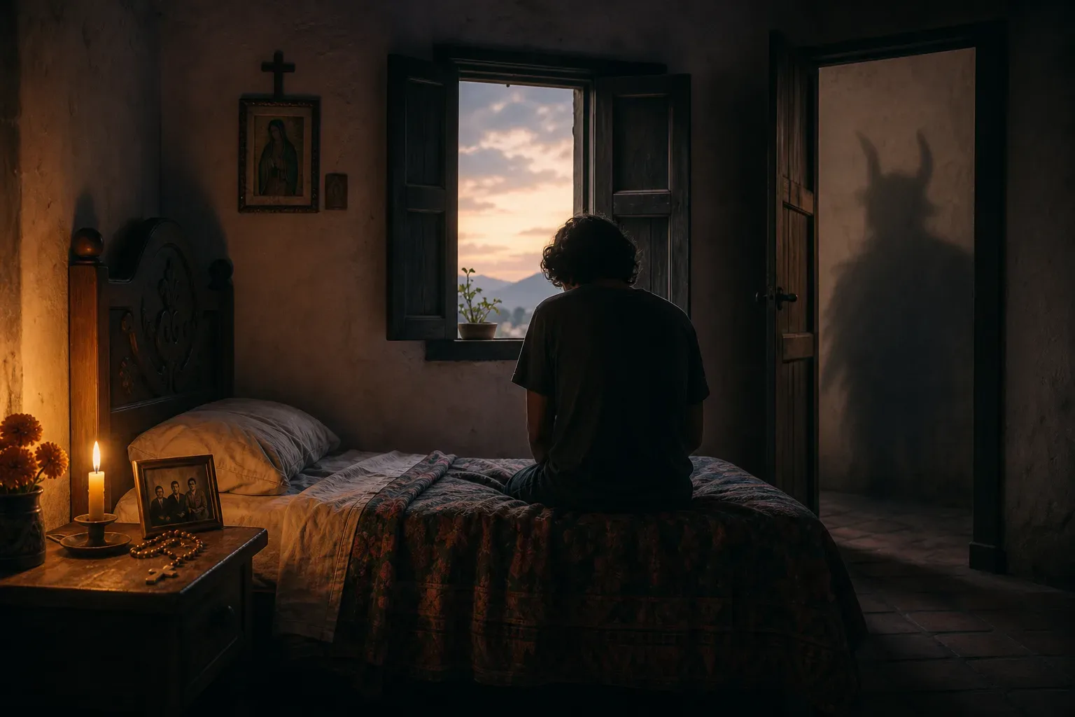 Sombra con cuernos junto a una cama al amanecer