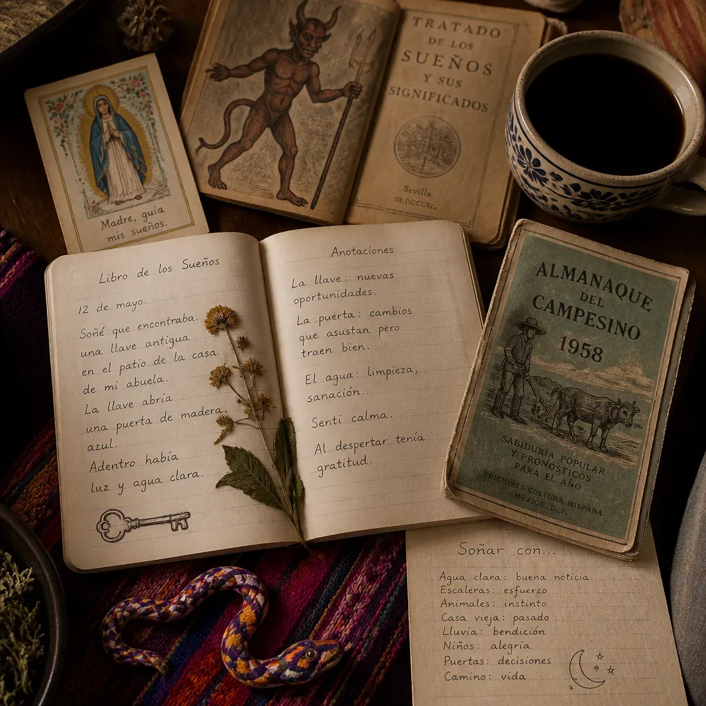 Cuaderno de sueños con objetos de tradición popular latina