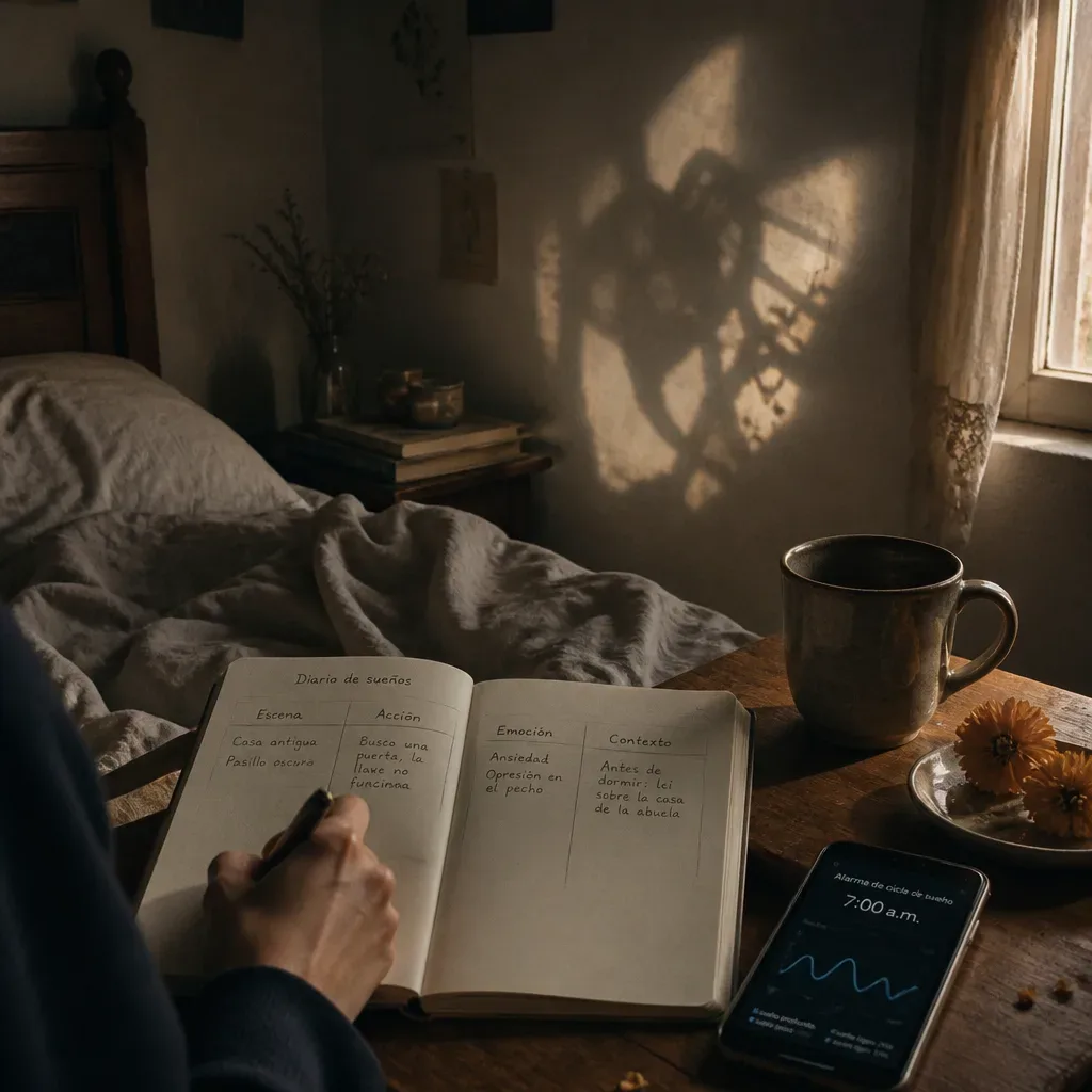 Persona escribe un sueño al amanecer junto a la cama