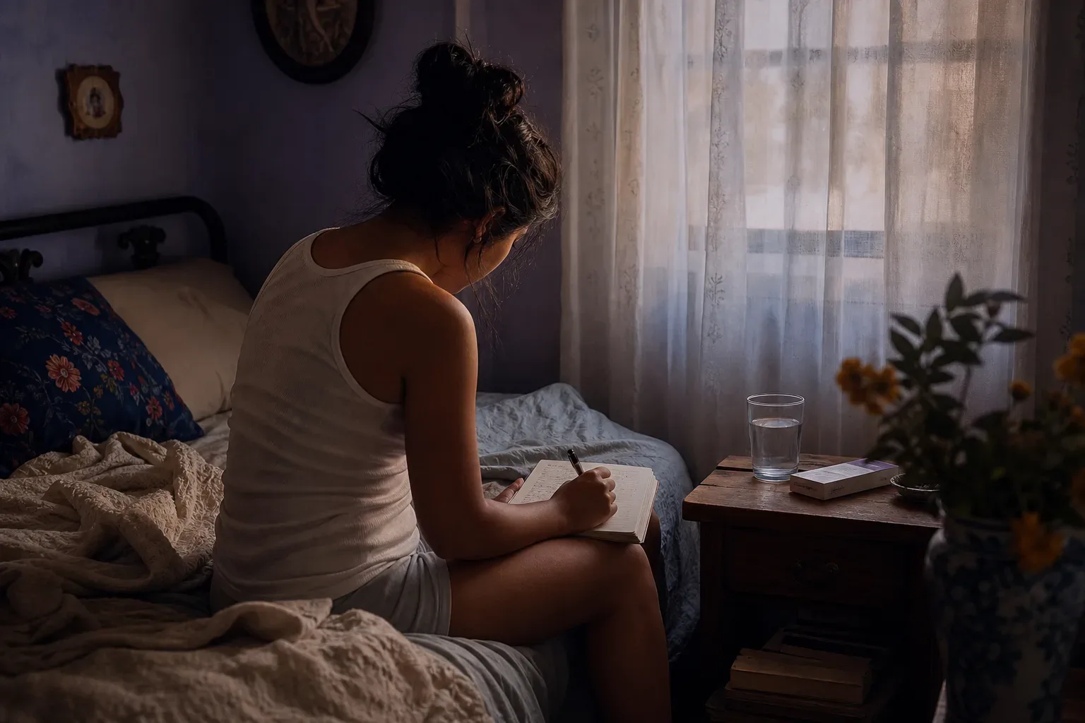 Mujer anotando un sueño de embarazo al amanecer