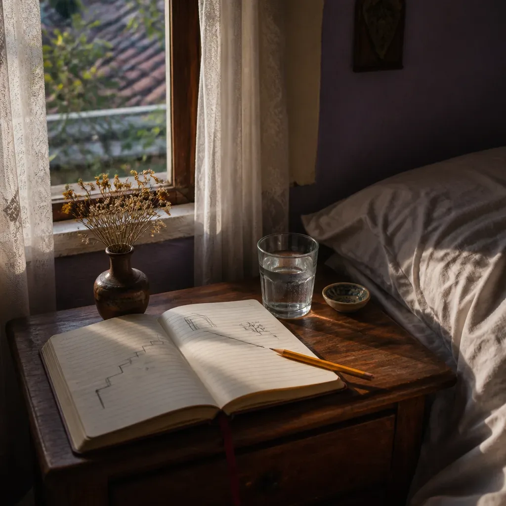 Cuaderno de sueños abierto junto a la cama