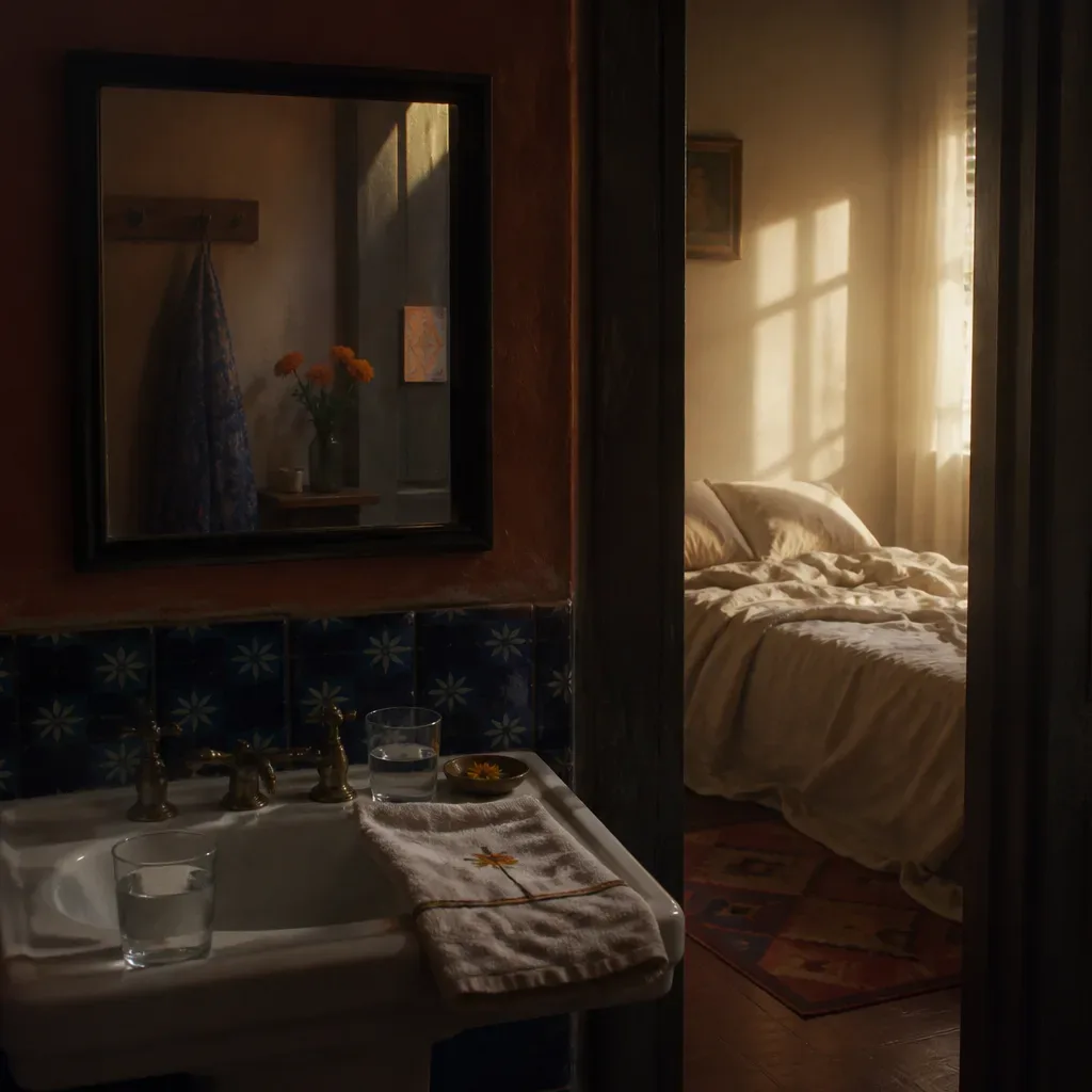 Espejo de baño vacío al amanecer