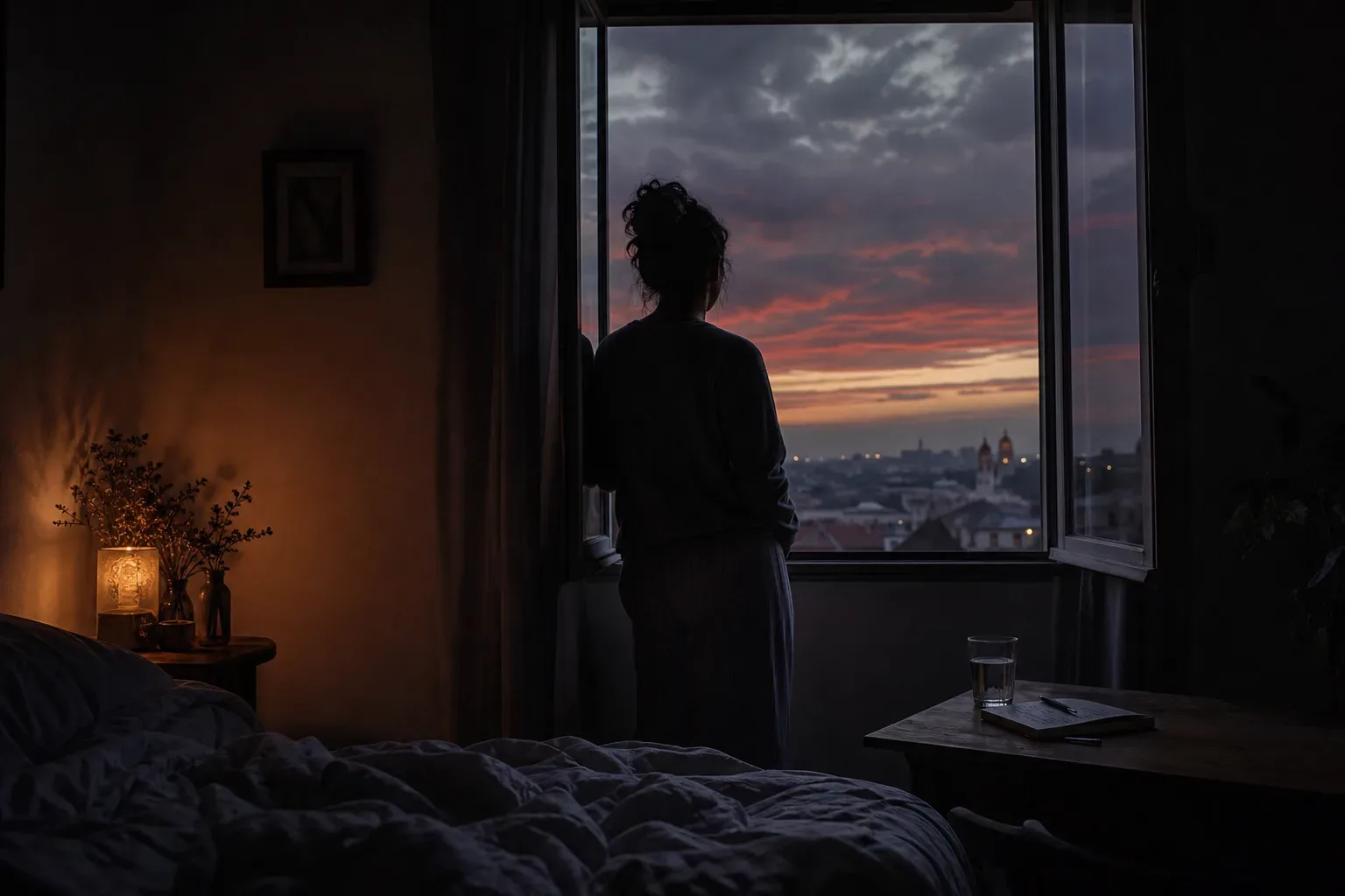 Persona mirando un cielo rojo al amanecer