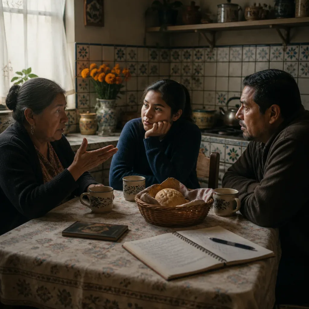 Familia conversa sobre un sueño en la cocina