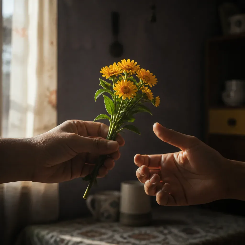Manos sostienen un ramo pequeño de flores amarillas