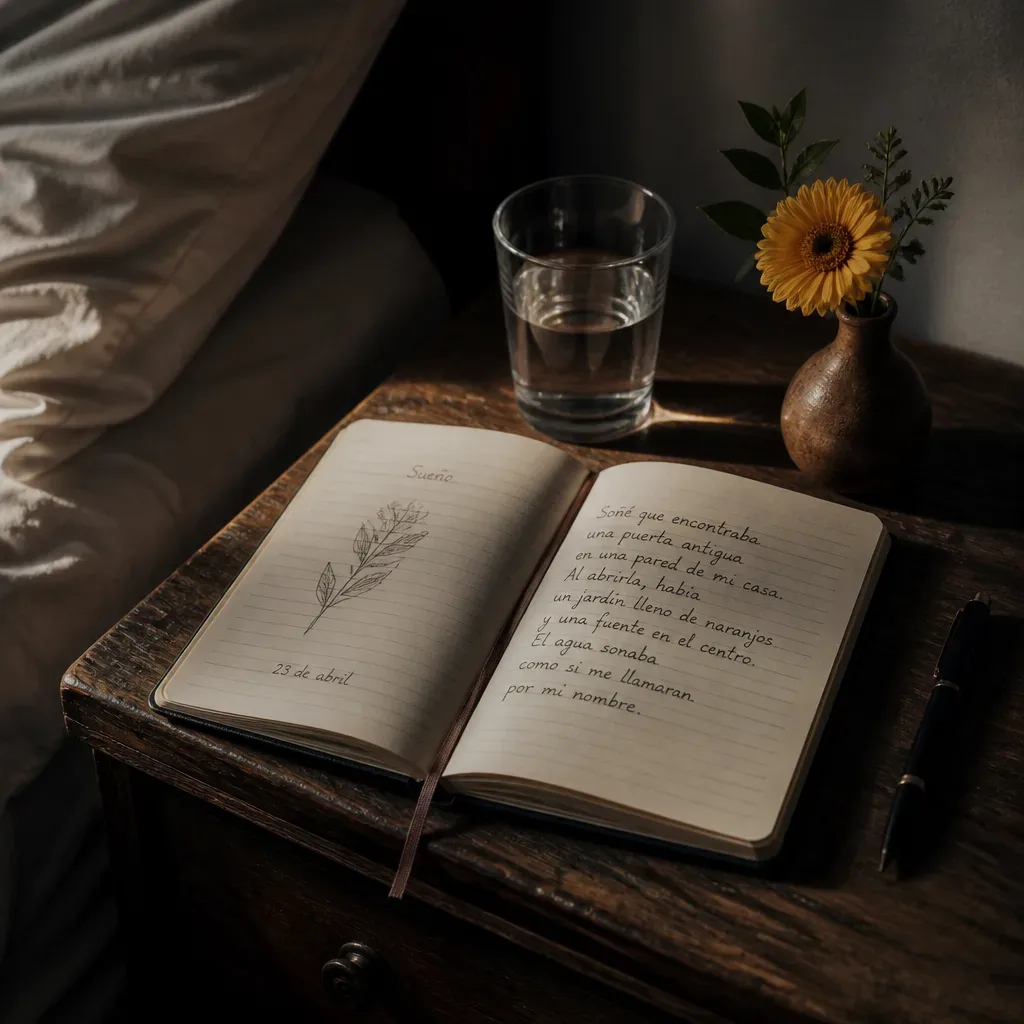 Cuaderno con un sueño escrito y una flor amarilla