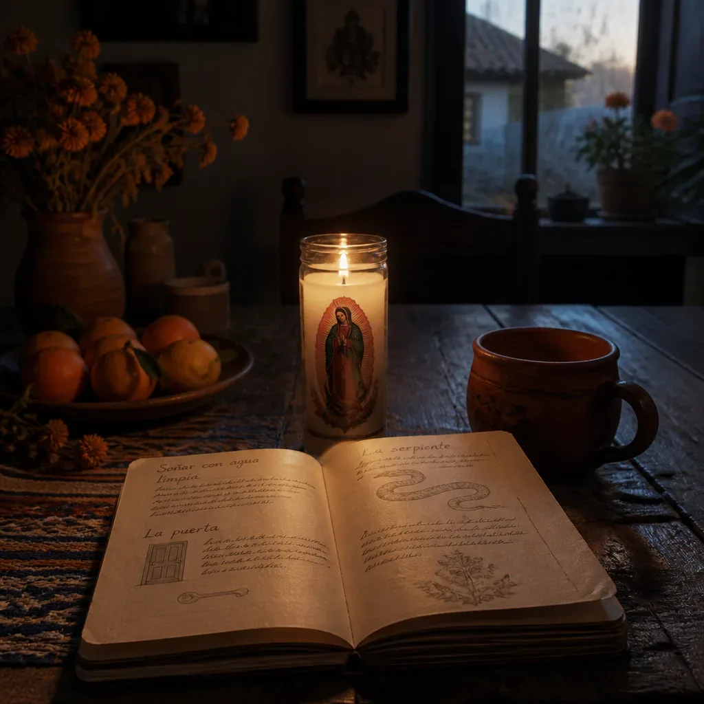 Veladora y cuaderno sobre mesa de cocina