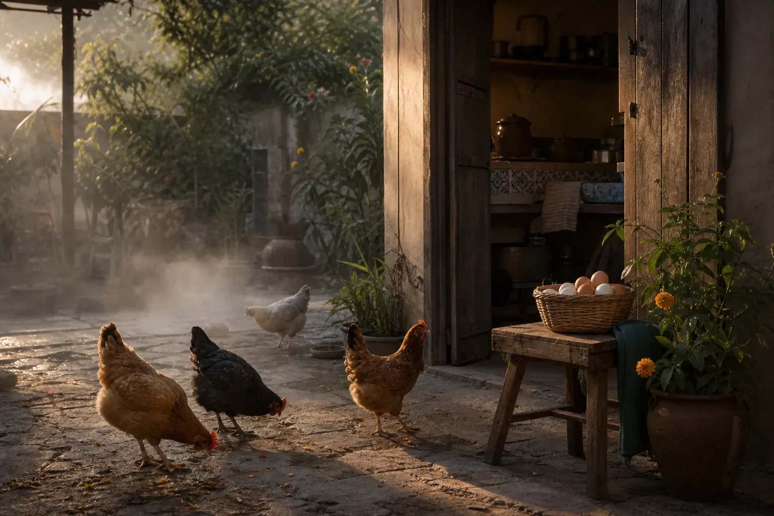 Gallinas al amanecer cerca de una cocina familiar