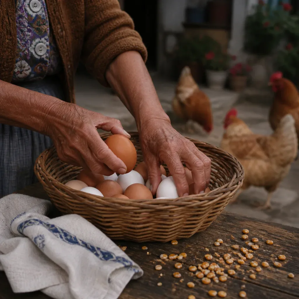 Manos guardando huevos junto a gallinas de patio