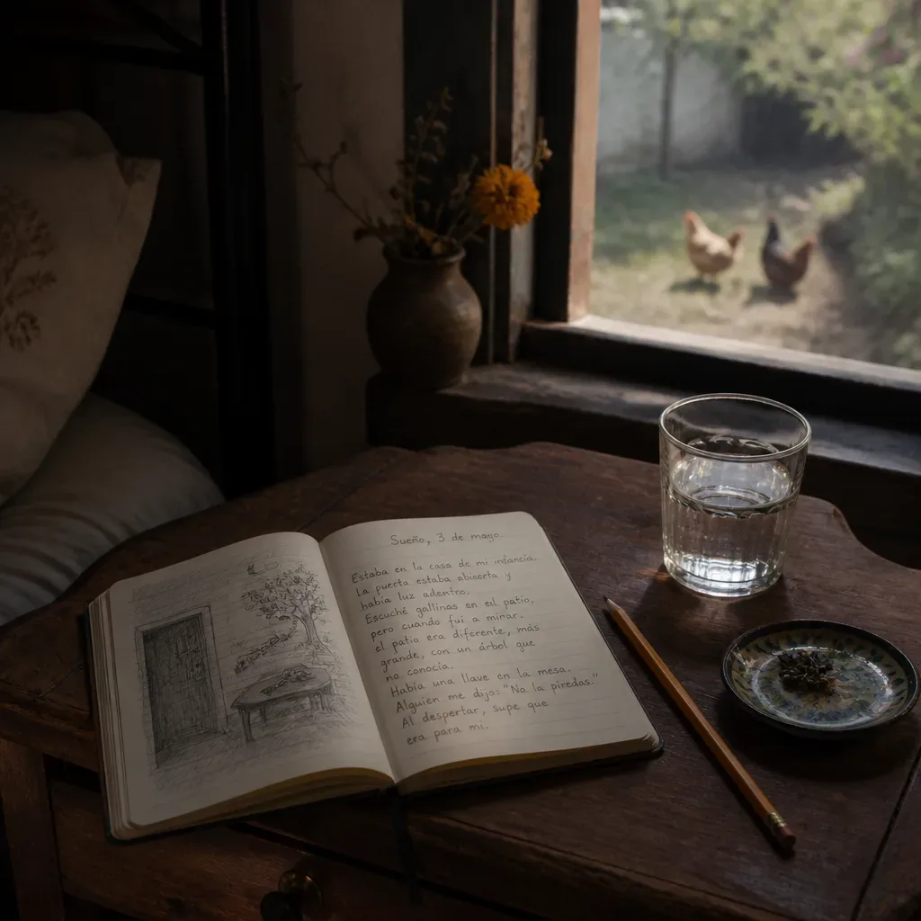 Cuaderno de sueños junto a una ventana al amanecer