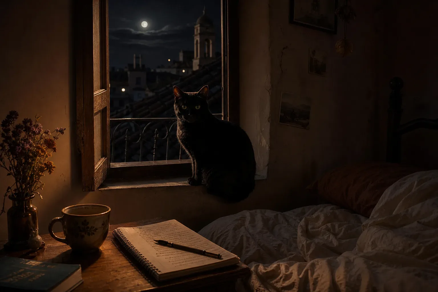 Gato negro sentado junto a una ventana nocturna