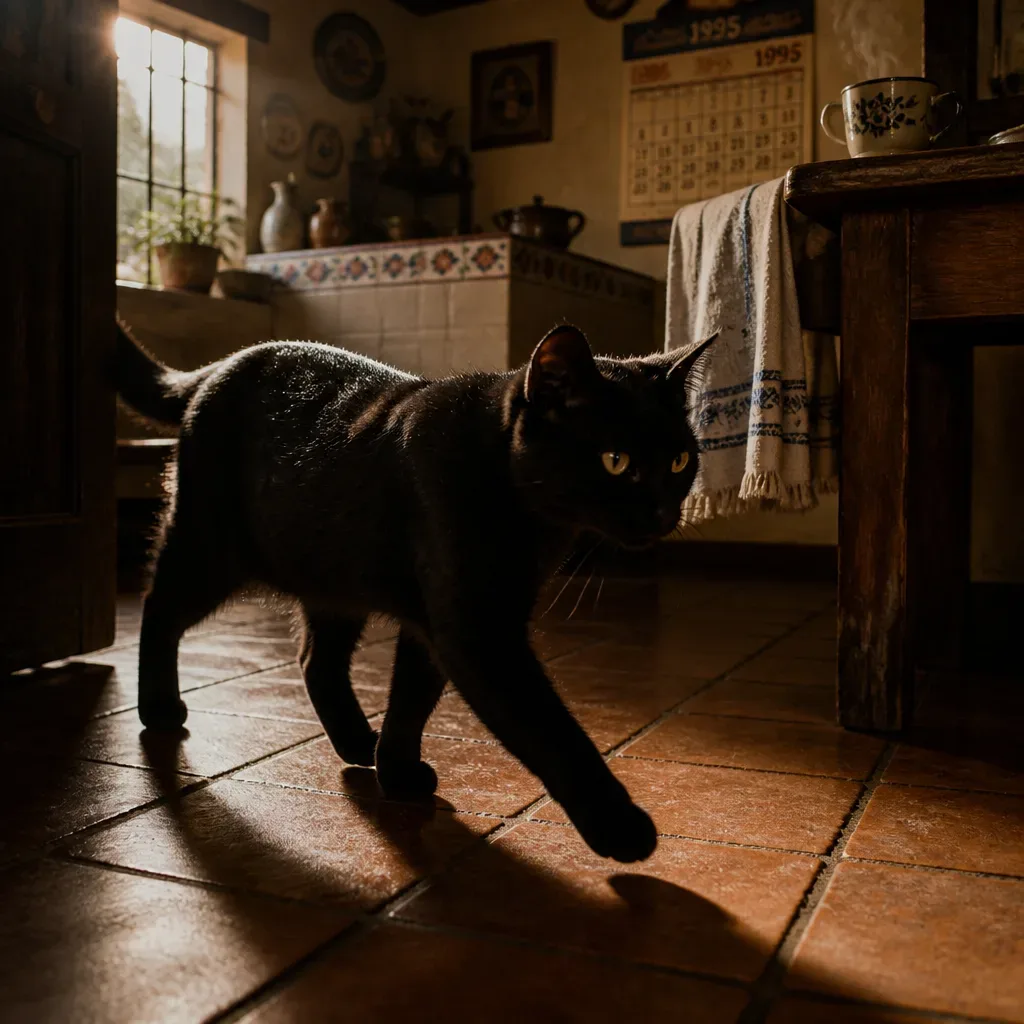 Gato negro cruzando una cocina de mañana