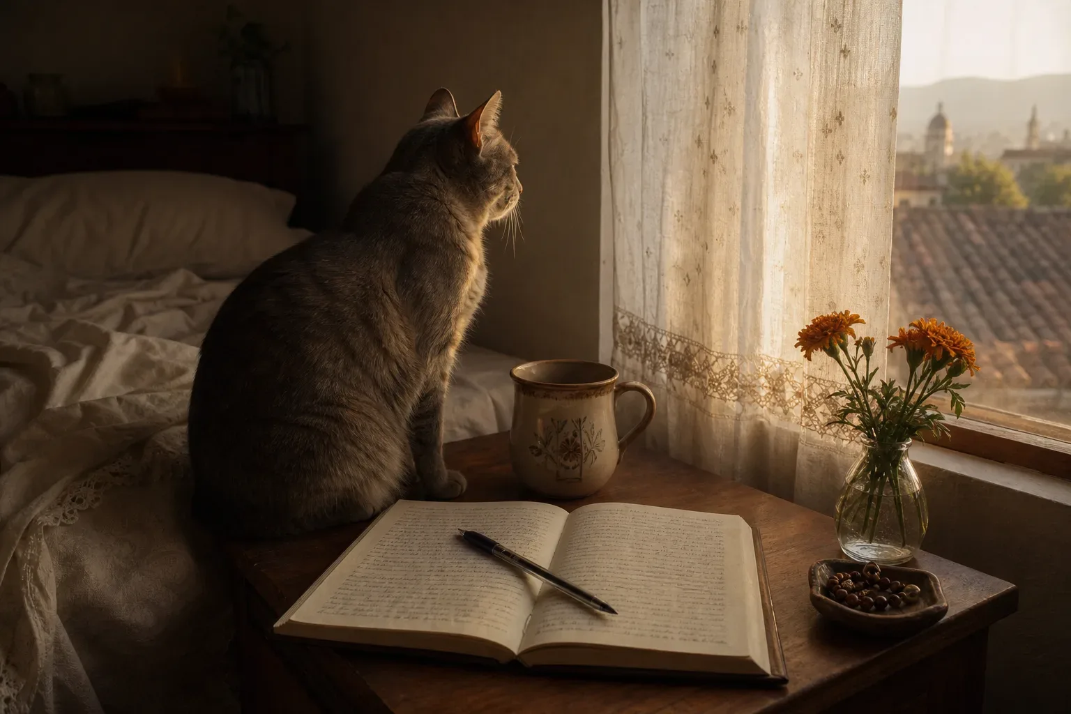Gato sentado junto a una libreta al amanecer