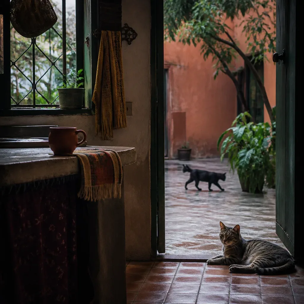 Gato en una cocina junto a la puerta