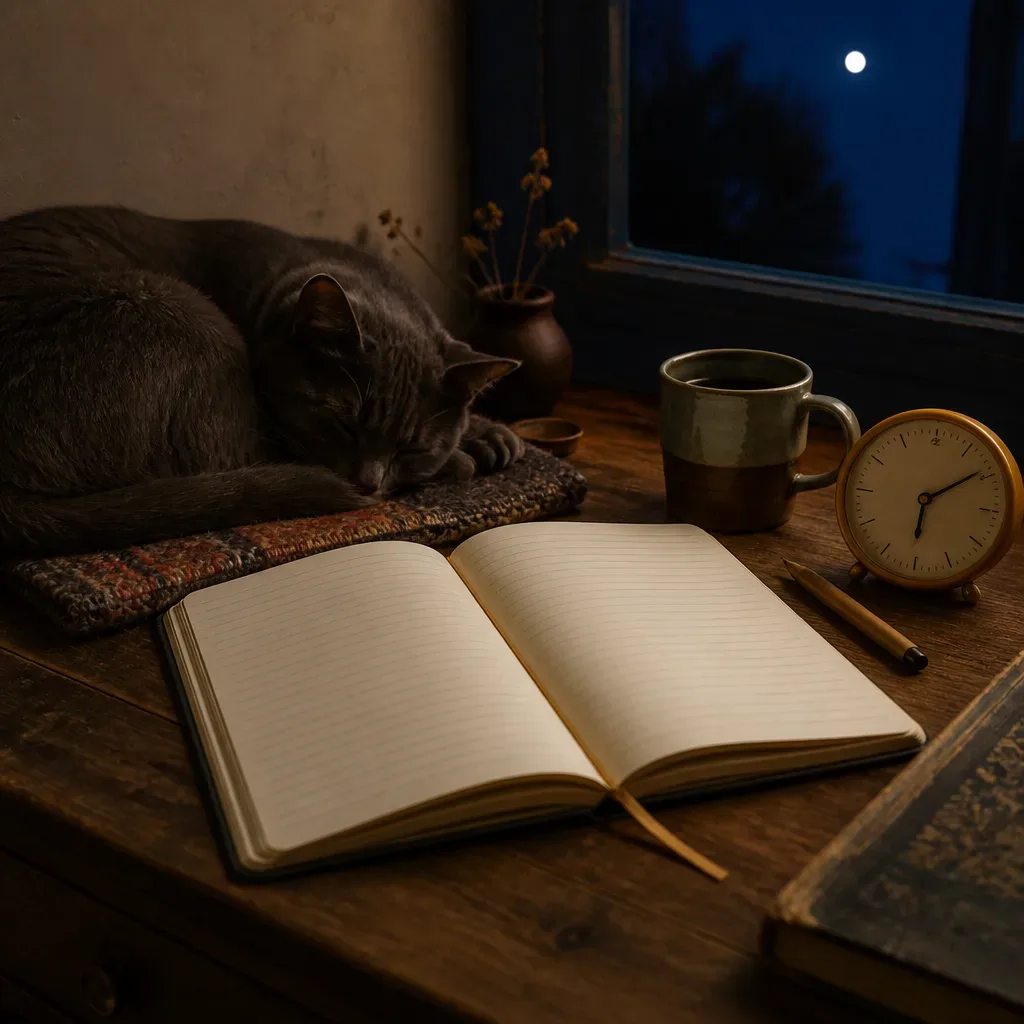 Cuaderno abierto junto a un gato dormido