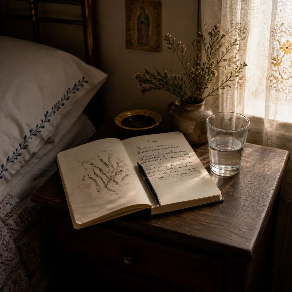 Cuaderno abierto junto a la cama al despertar