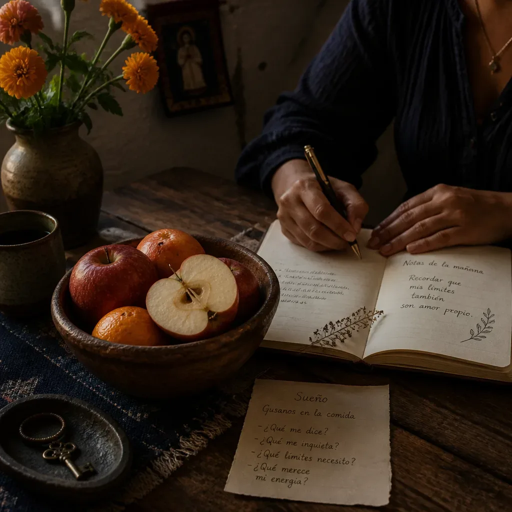 Persona escribe junto a fruta sobre la mesa
