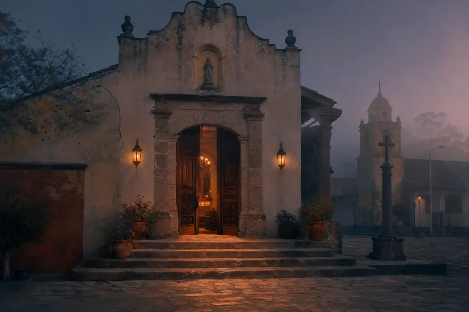 Iglesia latinoamericana iluminada al amanecer